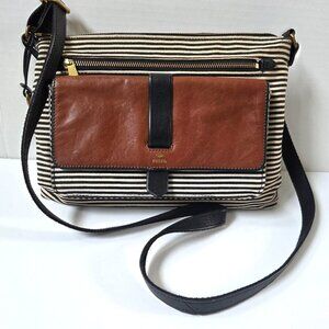 Fossil Purse Kinley Black Striped Canvas Tan Leather Crossbody Bag Boho